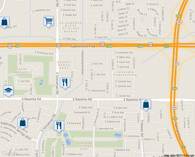map of restaurants, bars, coffee shops, grocery stores, and more near 7829 East Jan Avenue in Mesa