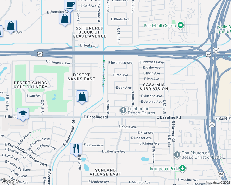 map of restaurants, bars, coffee shops, grocery stores, and more near 7829 East Jan Avenue in Mesa