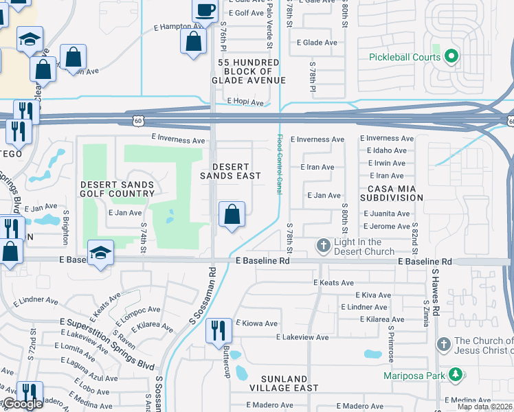 map of restaurants, bars, coffee shops, grocery stores, and more near 1747 South 77th Street in Mesa