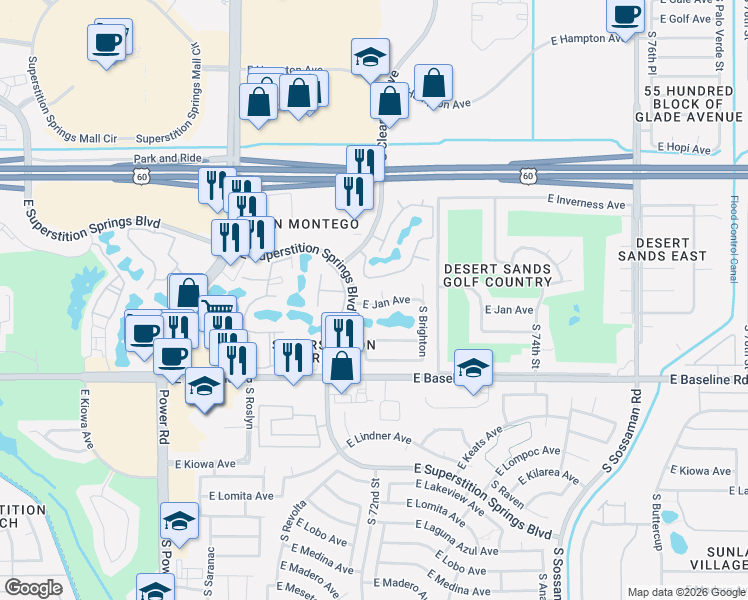 map of restaurants, bars, coffee shops, grocery stores, and more near 7104 East Jan Avenue in Mesa