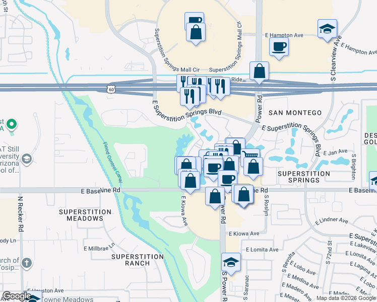 map of restaurants, bars, coffee shops, grocery stores, and more near 1846-1882 Superstition Springs Condominiums in Mesa
