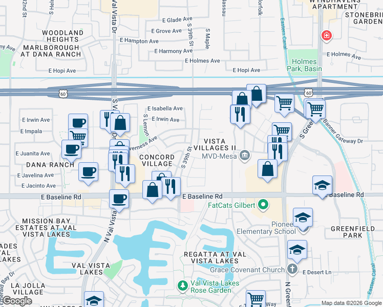 map of restaurants, bars, coffee shops, grocery stores, and more near 101 East Inverness Avenue in Mesa