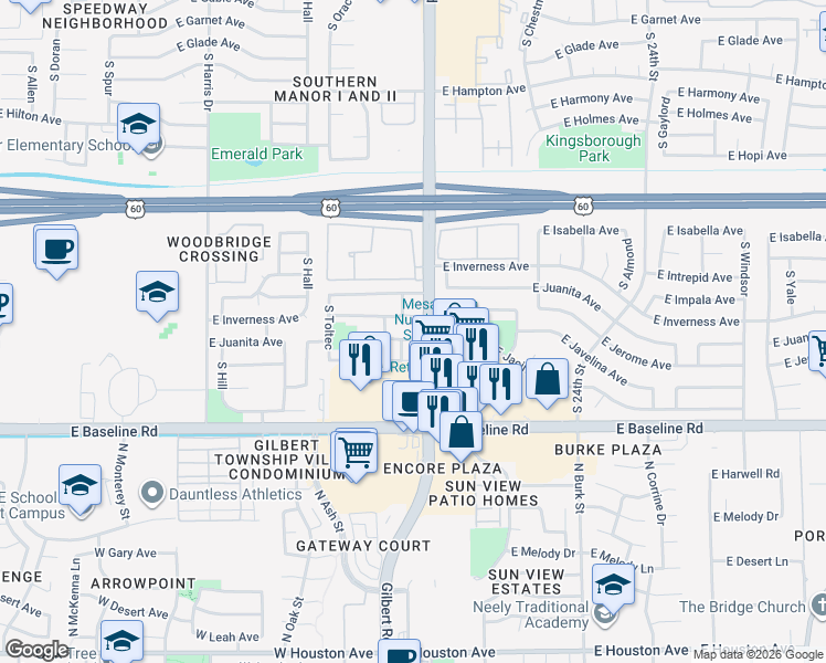 map of restaurants, bars, coffee shops, grocery stores, and more near 1953 East Inverness Circle in Mesa