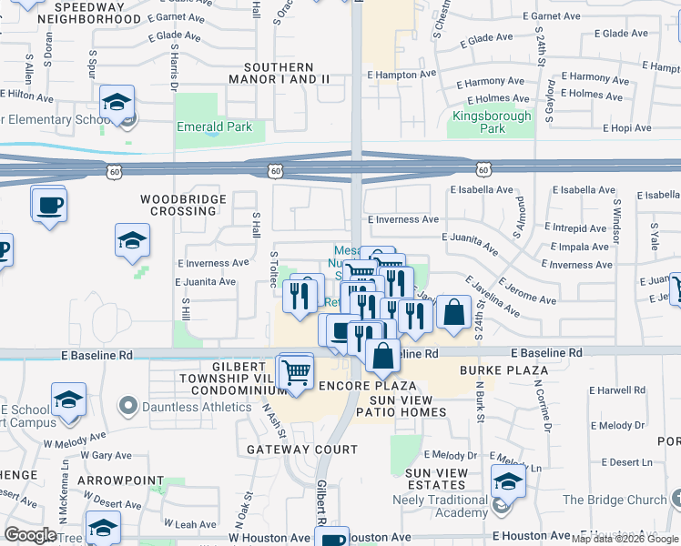 map of restaurants, bars, coffee shops, grocery stores, and more near 1953 East Inverness Circle in Mesa