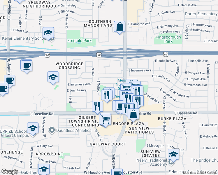 map of restaurants, bars, coffee shops, grocery stores, and more near 1905 East Inverness Avenue in Mesa