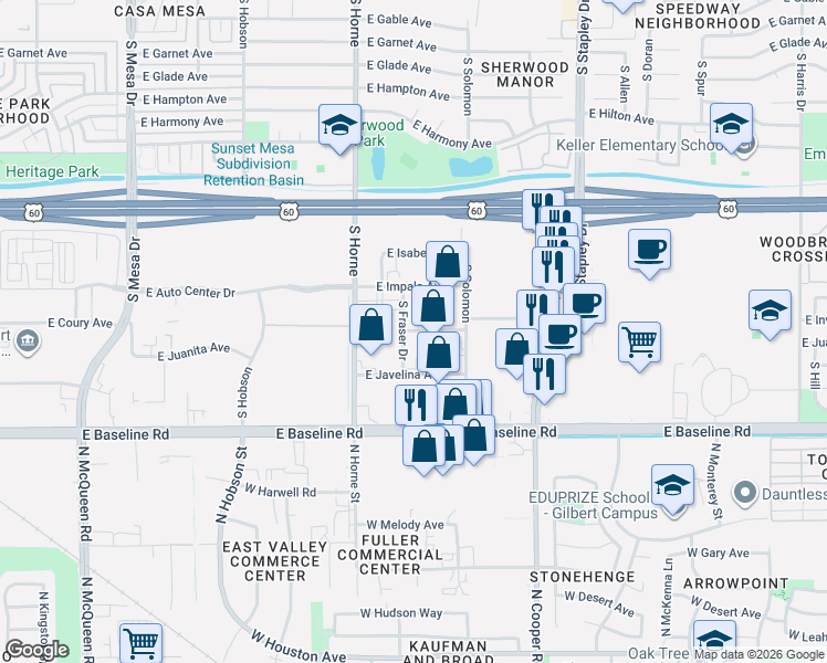 map of restaurants, bars, coffee shops, grocery stores, and more near 930 East Juanita Avenue in Mesa