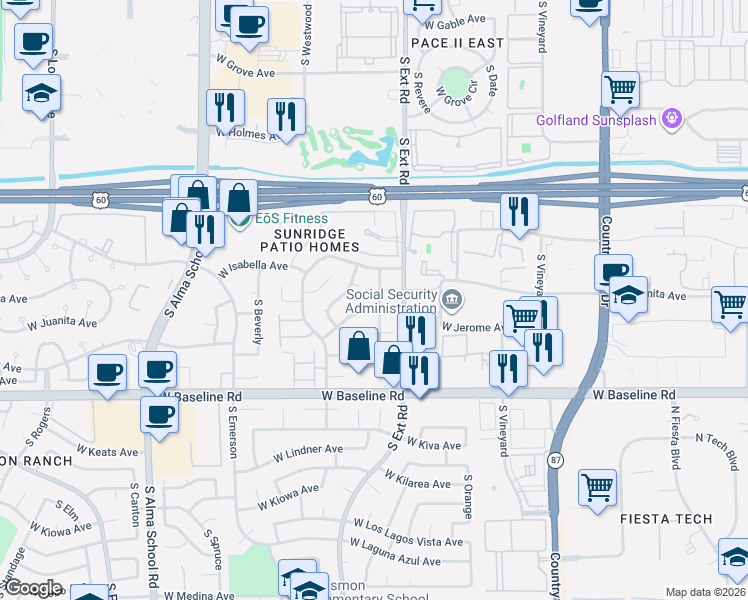 map of restaurants, bars, coffee shops, grocery stores, and more near 851 West Impala Circle in Mesa