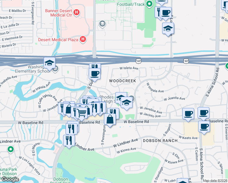 map of restaurants, bars, coffee shops, grocery stores, and more near 1764 South Cholla in Mesa