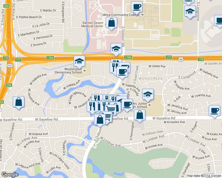 map of restaurants, bars, coffee shops, grocery stores, and more near Sidewalk Path in Mesa