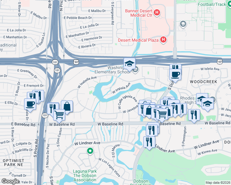 map of restaurants, bars, coffee shops, grocery stores, and more near 2413 West Via Rialto Avenue in Mesa