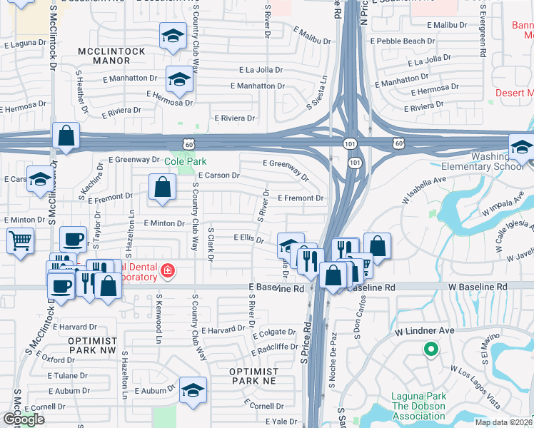 map of restaurants, bars, coffee shops, grocery stores, and more near 4711 South Rockford Drive in Tempe