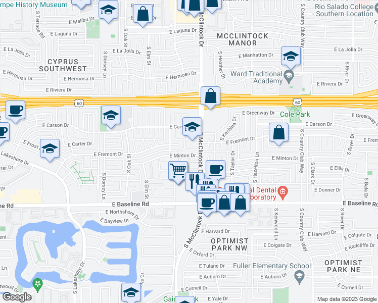 map of restaurants, bars, coffee shops, grocery stores, and more near 1661 East Fremont Drive in Tempe