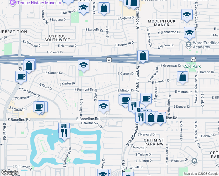 map of restaurants, bars, coffee shops, grocery stores, and more near 1518 East Fremont Drive in Tempe
