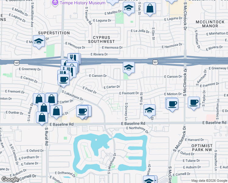 map of restaurants, bars, coffee shops, grocery stores, and more near 1121 East Carter Drive in Tempe