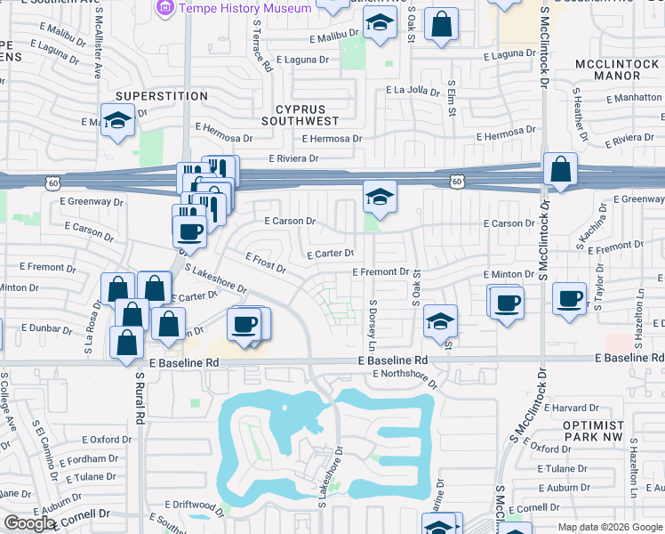 map of restaurants, bars, coffee shops, grocery stores, and more near 1121 East Carter Drive in Tempe