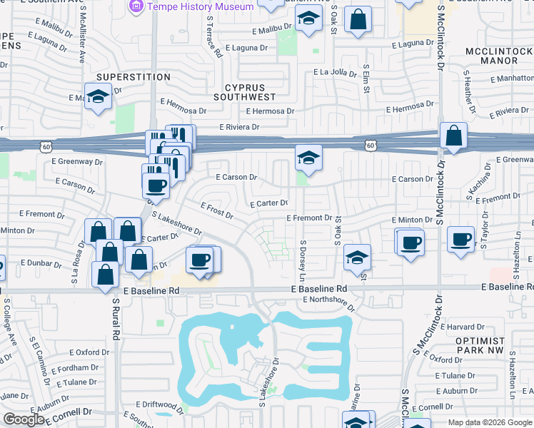 map of restaurants, bars, coffee shops, grocery stores, and more near 1121 East Carter Drive in Tempe