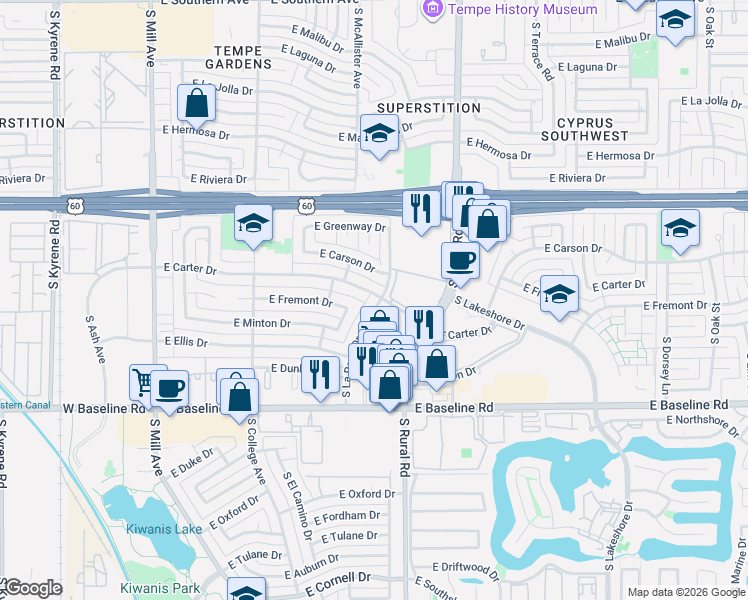 map of restaurants, bars, coffee shops, grocery stores, and more near 616 East Carter Drive in Tempe
