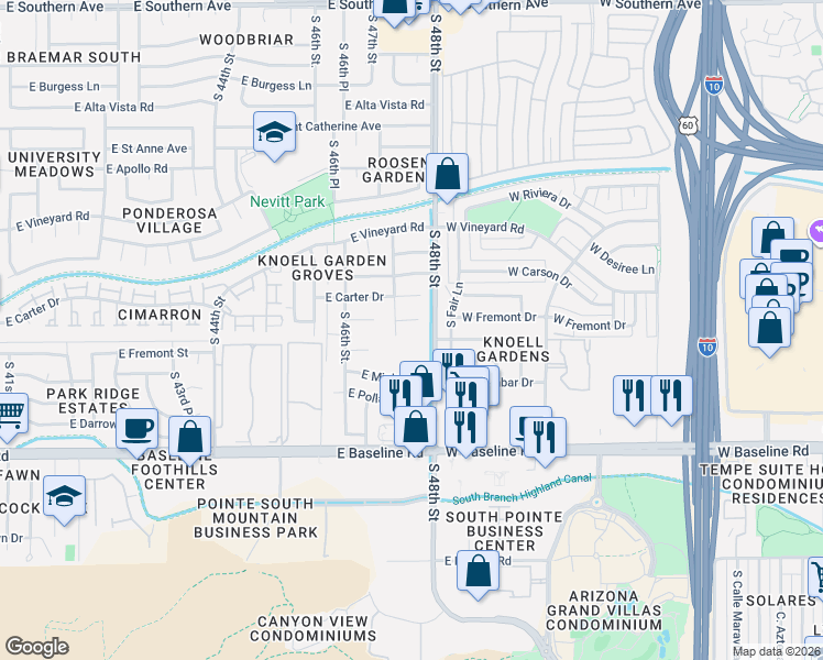 map of restaurants, bars, coffee shops, grocery stores, and more near 4708 East Fremont Street in Phoenix