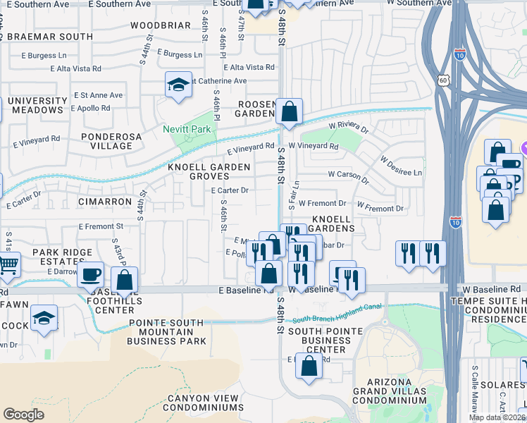 map of restaurants, bars, coffee shops, grocery stores, and more near 4708 East Fremont Street in Phoenix