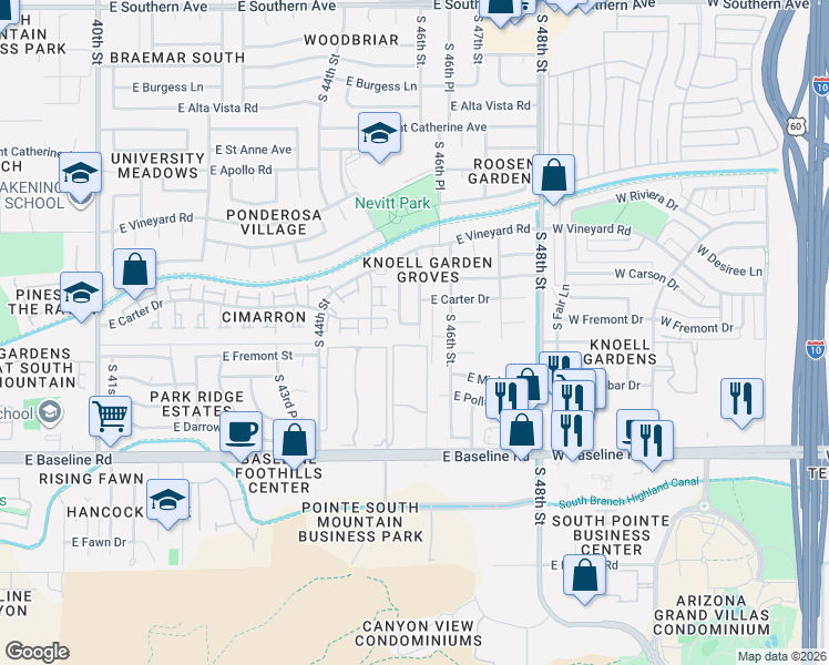 map of restaurants, bars, coffee shops, grocery stores, and more near 7046 South 45th Place in Phoenix
