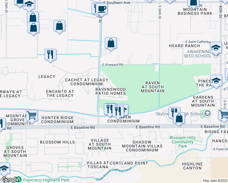 map of restaurants, bars, coffee shops, grocery stores, and more near 3251 East Maldonado Drive in Phoenix
