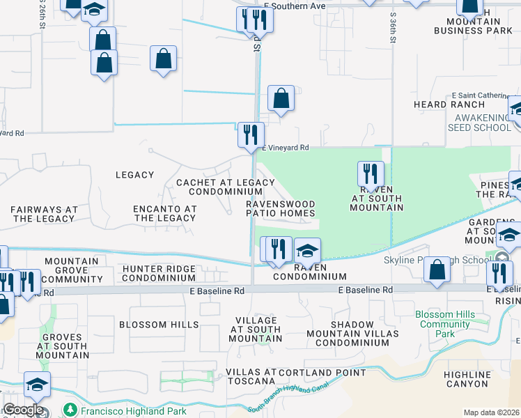 map of restaurants, bars, coffee shops, grocery stores, and more near 7030 South 32nd Place in Phoenix