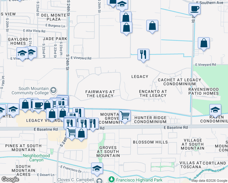 map of restaurants, bars, coffee shops, grocery stores, and more near 2732 East Carson Road in Phoenix