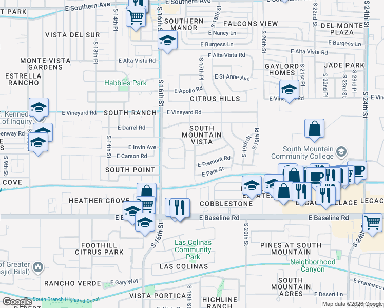 map of restaurants, bars, coffee shops, grocery stores, and more near 1709 East Carson Road in Phoenix