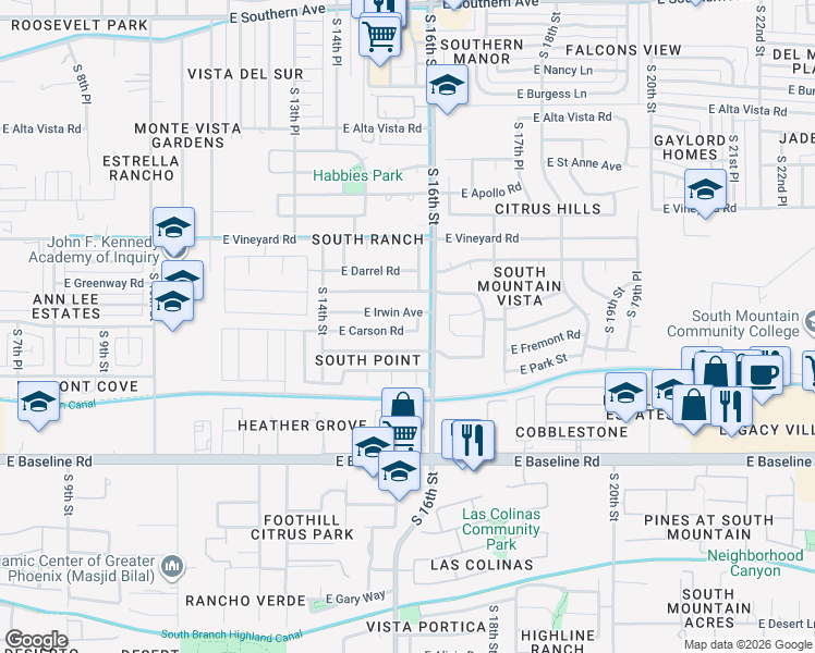 map of restaurants, bars, coffee shops, grocery stores, and more near 1511 East Irwin Avenue in Phoenix