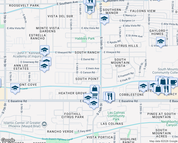 map of restaurants, bars, coffee shops, grocery stores, and more near 1441 East Irwin Avenue in Phoenix