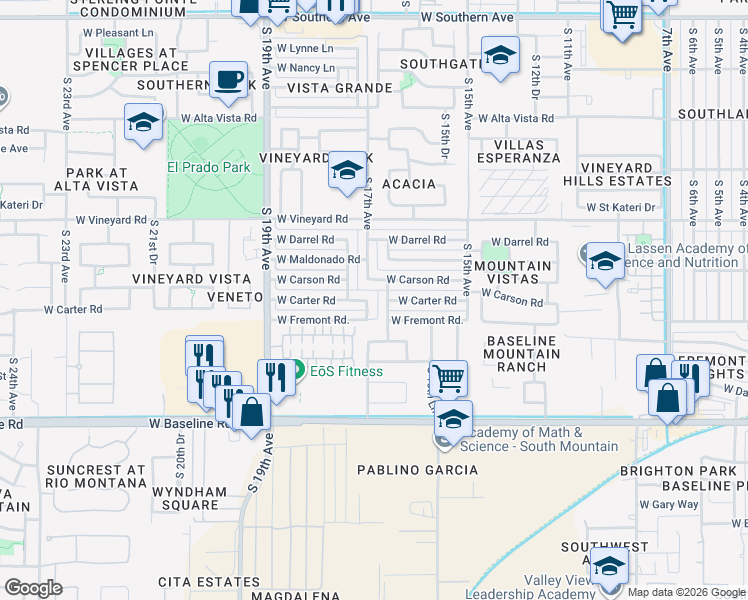 map of restaurants, bars, coffee shops, grocery stores, and more near 1645 West Carson Road in Phoenix