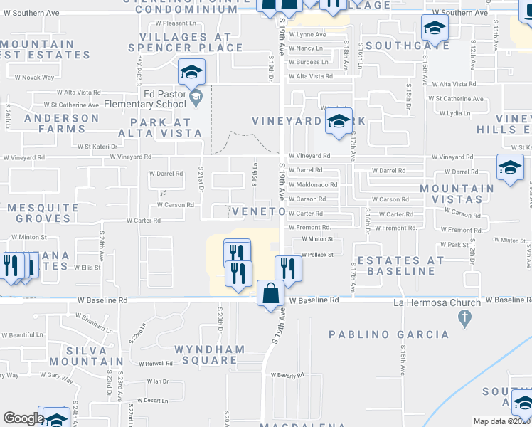 map of restaurants, bars, coffee shops, grocery stores, and more near 7019 South 19th Drive in Phoenix