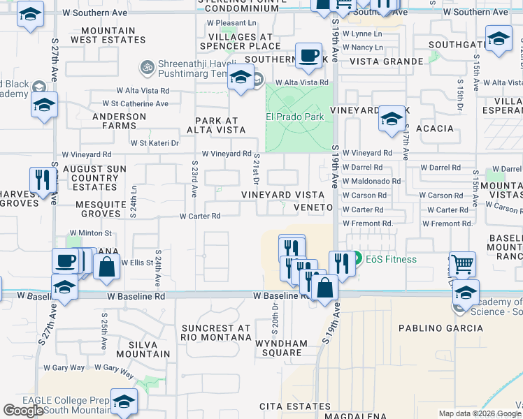 map of restaurants, bars, coffee shops, grocery stores, and more near 7103 South 21st Drive in Phoenix