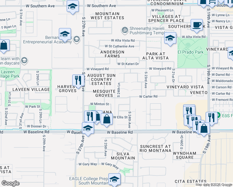 map of restaurants, bars, coffee shops, grocery stores, and more near 2425 West Carson Road in Phoenix