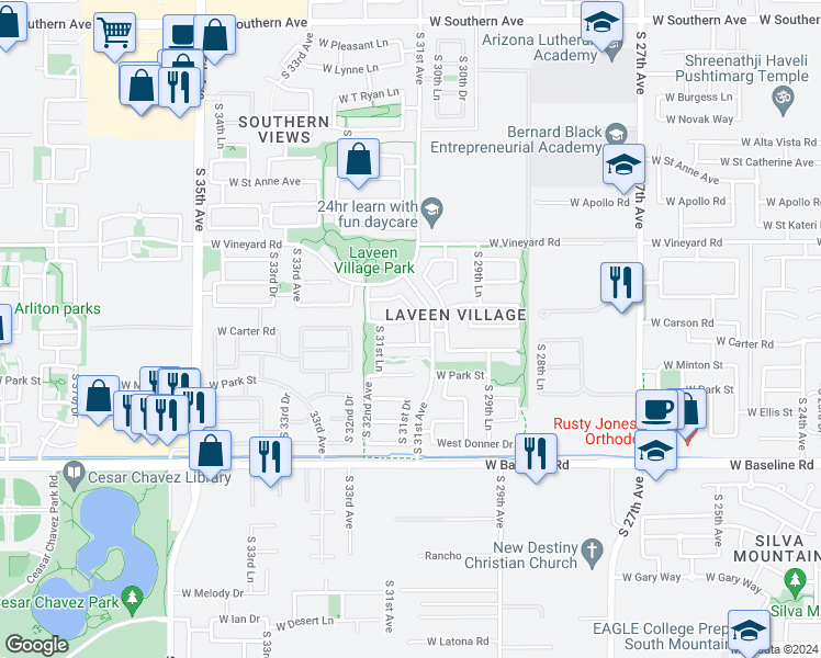 map of restaurants, bars, coffee shops, grocery stores, and more near 7029 South 31st Drive in Phoenix