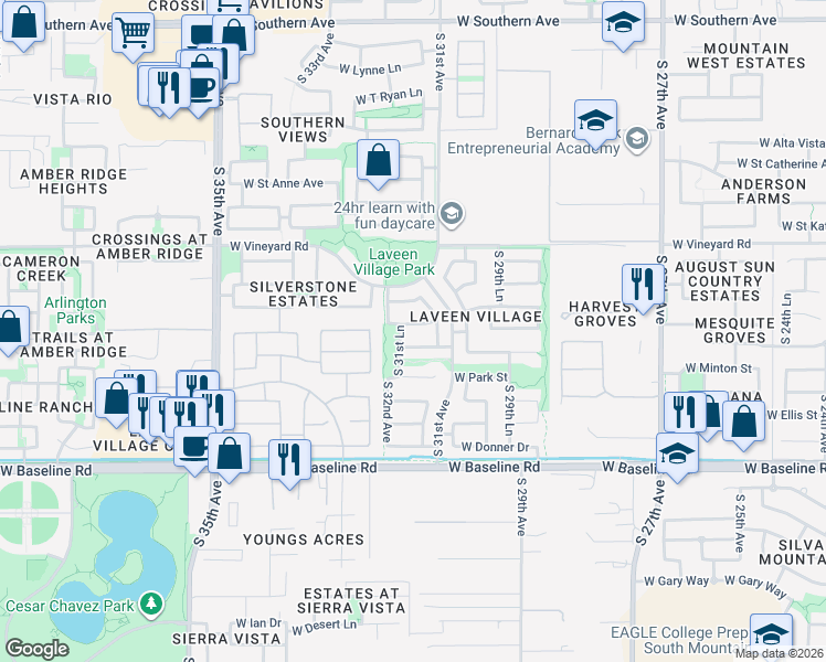 map of restaurants, bars, coffee shops, grocery stores, and more near 3144 West Carson Road in Phoenix