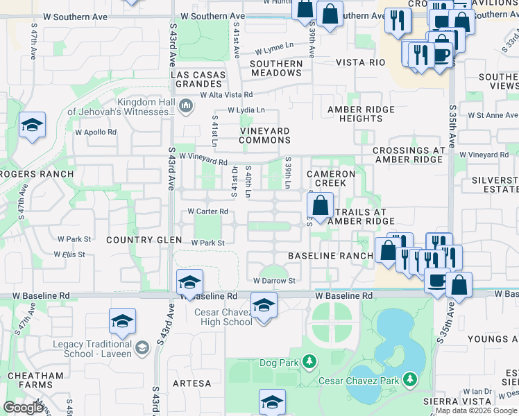 map of restaurants, bars, coffee shops, grocery stores, and more near 7009 South 40th Lane in Phoenix