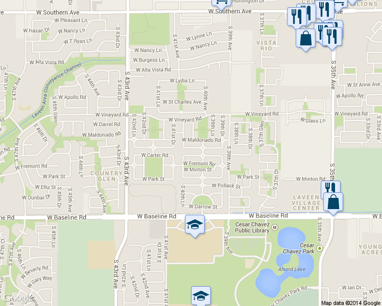 map of restaurants, bars, coffee shops, grocery stores, and more near 7009 South 40th Lane in Phoenix