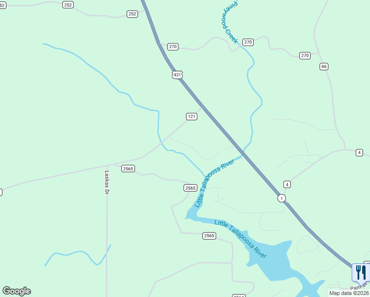 map of restaurants, bars, coffee shops, grocery stores, and more near 102 Pine Ridge Road in Wedowee