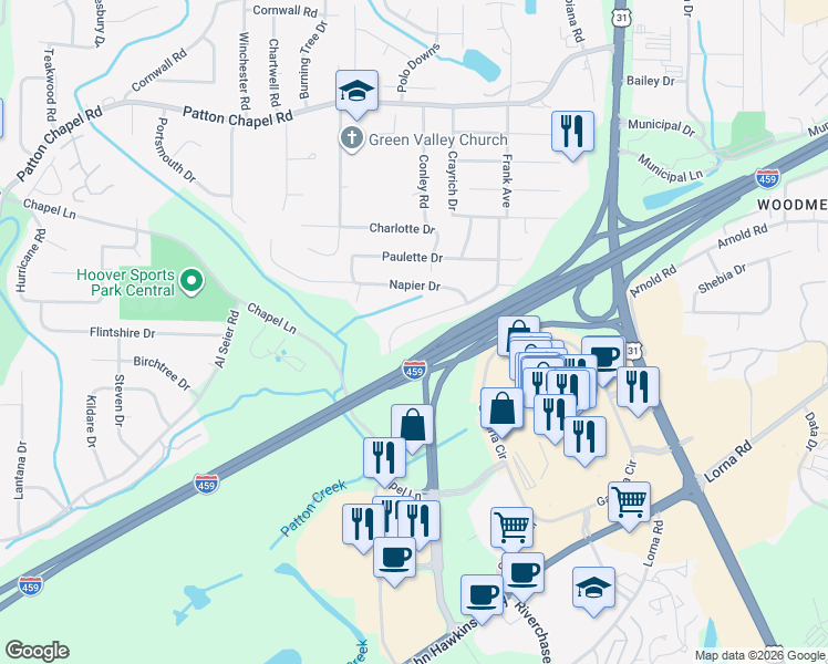 map of restaurants, bars, coffee shops, grocery stores, and more near 1845 Tall Timbers Drive in Birmingham