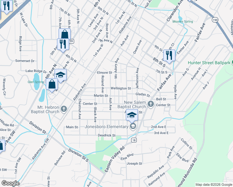 map of restaurants, bars, coffee shops, grocery stores, and more near 118 Wellington Street in Bessemer