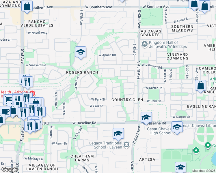 map of restaurants, bars, coffee shops, grocery stores, and more near 7010 South 44th Lane in Phoenix