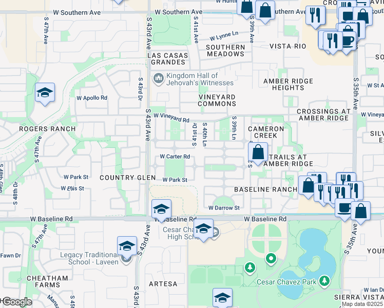 map of restaurants, bars, coffee shops, grocery stores, and more near 4114 West Carter Road in Phoenix