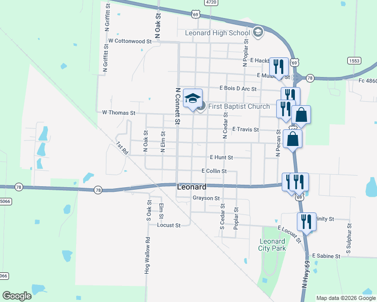 map of restaurants, bars, coffee shops, grocery stores, and more near 207 North Main Street in Leonard
