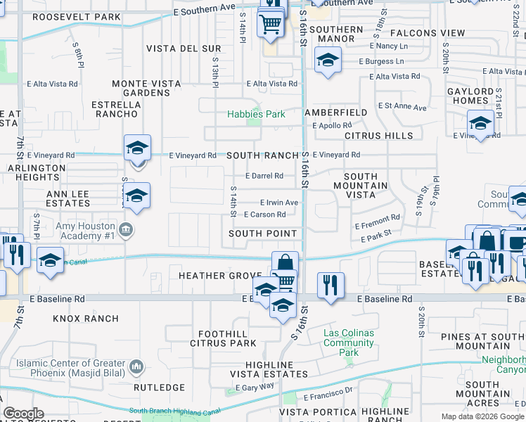 map of restaurants, bars, coffee shops, grocery stores, and more near 1441 East Irwin Avenue in Phoenix