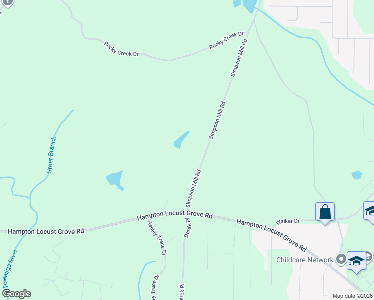 map of restaurants, bars, coffee shops, grocery stores, and more near 876 Simpson Mill Road in Locust Grove