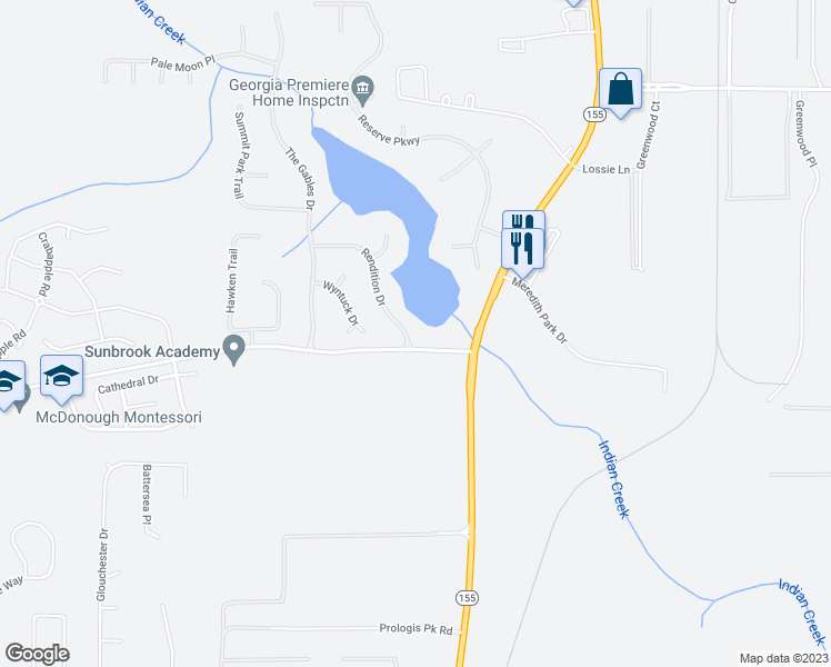 map of restaurants, bars, coffee shops, grocery stores, and more near 104 Rendition Drive in McDonough