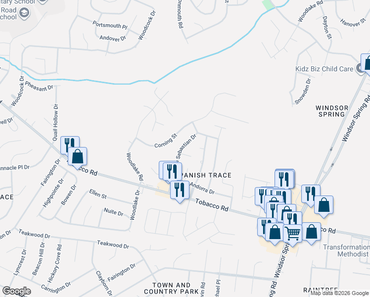 map of restaurants, bars, coffee shops, grocery stores, and more near 3610 San Sebastian Drive in Hephzibah