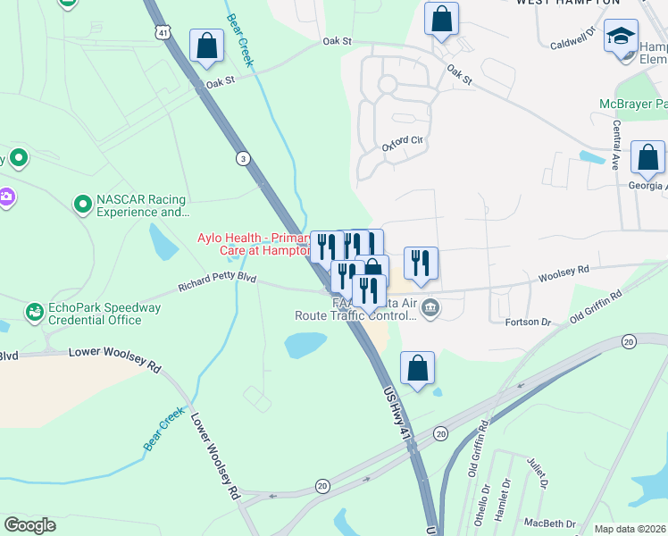 map of restaurants, bars, coffee shops, grocery stores, and more near 1064 Bear Creek Boulevard in Hampton