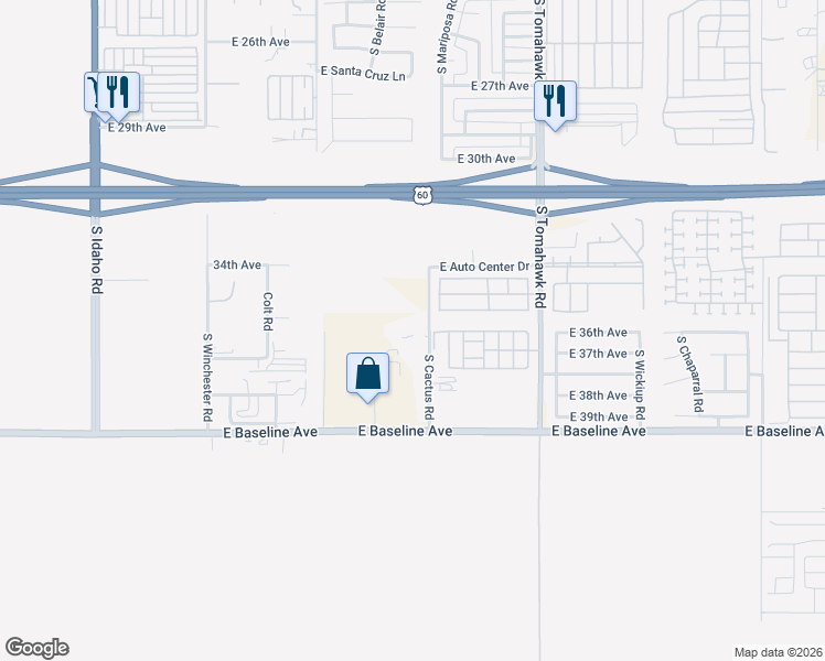 map of restaurants, bars, coffee shops, grocery stores, and more near 3640 South Cactus Road in Apache Junction